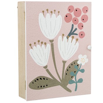 Caja Porta Llaves Madera Deco. Rosa Flores Blancas 20x5,5x26cm