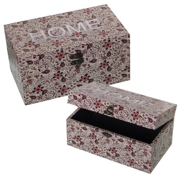 Set 2 Scatole Decorate In Legno Dm E Telone In Poliestere Home- 30x18x15+24x14x12cm