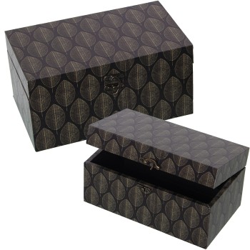Set 2 Cajas Decoradas Madera Dm/lona Poliéster Negro Hojas 30x18x15+24x14x12cm