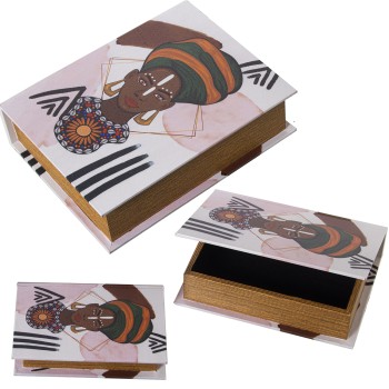 Set 3 Cajas Libros Decoradosmadera Dm/lona Poliéster Afric 30x24x8+24x18x6+18x12x4cm