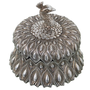 Caja Joyero Resina Plateada Pavo Real Ø13,5x12,5cm