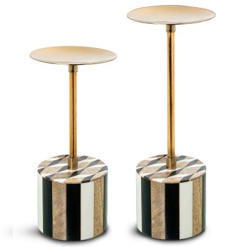 Set 2 Portacandele In Metallo Et Legno_ø10x20+ø10x24cm