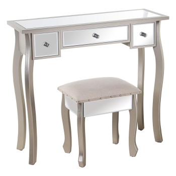 Mesa Tocador Madera/espejo+92277 C/taburete Champagne 90x32,5x80cm,tabur:40x34x43cm