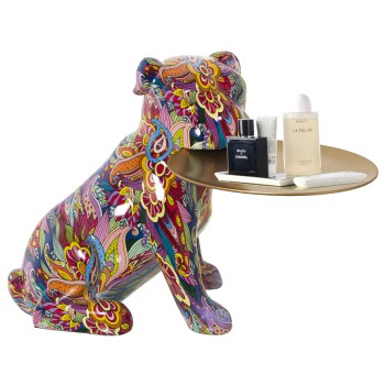 Figura Perro Resina Grafiti C/bandeja 35x32x29cm, Bandeja:ø20cm