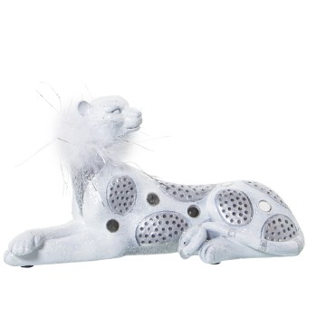 Statuetta In Resina - Leopardo - Bianco E Argento Con Piume Artificiali- 23x9x12cm