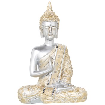 Statuette En Résine - Buddha - Argenté Et Tunique Dorée- 27x15x41cm