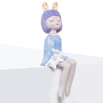 Resine Figure Sitting Girl W/blue Dress And Rabbit_12x12x32cm