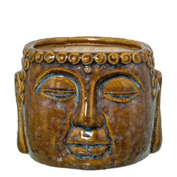 Macetero Cerámica Marrón Lacado Rostro Buda 15x14x11cm
