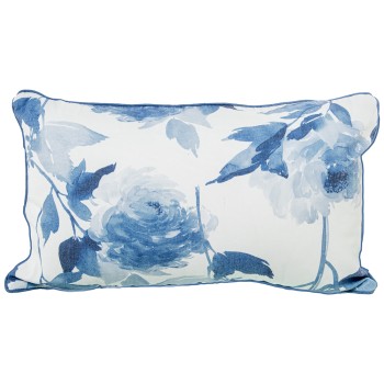 Cojín 50x30cm Blanco Flores Azules 80% Poliéster 20% Algodón 45x45cm, Con Cremallera