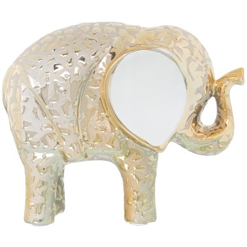 Figura Elefante Em Cerâmica Dourado/branco 21x9x17cm
