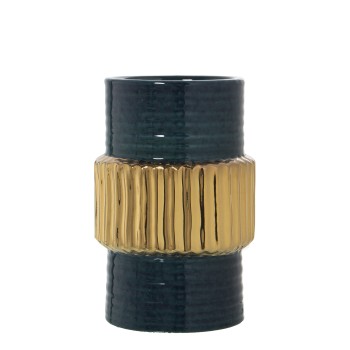 Vaso In Ceramica - Verde Scuro E Oro- 15x23cm