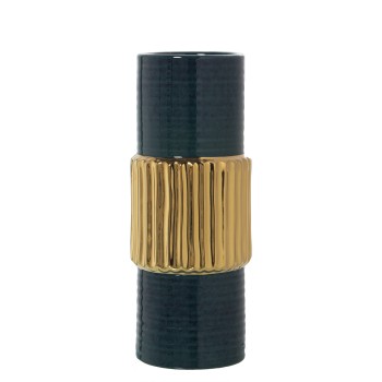 Vase En Céramique - Vert Foncé Et Or- Ø13x33cm