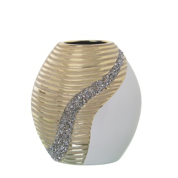 Vase En Céramique - Blanc Et Champagne Avec Strass- 18x10x20cm
