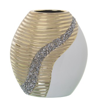 Vase En Céramique - Blanc Et Champagne Avec Strass- 23x12x25cm
