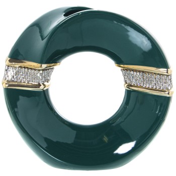 Vase En Céramique Anneau - Vert Et Or Avec Strass Argenté- 23x10x22cm