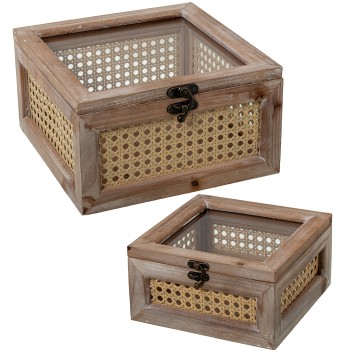 Set 2 Caixas De Madeira Natural/vime Com Tampa De Vidro 19x19x10+25x25x14cm