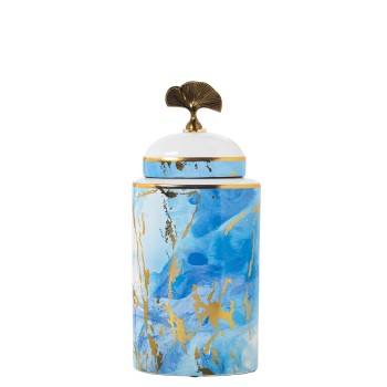 White, Blue And Golden Ceramic Ginger Jar- 14x10x36cm