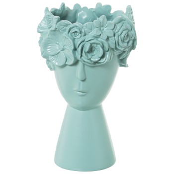 Jarrón Cerámica Rostro C/flores Verde Agua Mate Ø17x28cm Base:ø11cm