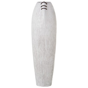 Jarrón Cerámica 80cm Blanco Rayado C/cordón Marrón 22x25x80cm Boca:11x15cm