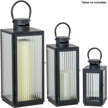 Set 3 Faroles Portavelas Metal Negro 11x10x22+13x12x32+17x16x40cm