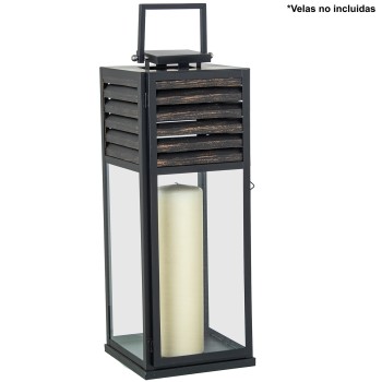 Farol Portavelas 54cm Metal Negro/madera 20x21x54cm