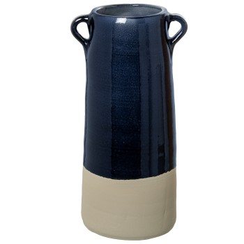 Jarrón Ceramica C/asas 35cm Azul Oscuro Brillo Base Gris Mat Ø15x35cm