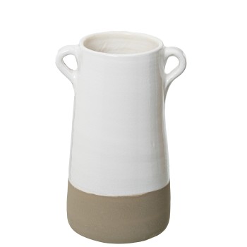 Jarrón Ceramica C/asas 25cm Blanco Oscuro Brillo Base Gris M Ø13x25cm