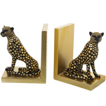 Set 2 Sujetalibros Resina Leopardo Negro/dorado 15x10x19cm