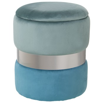 Pouf De Rangement En Velours Avec Bande En Acier Argenté - Vert Aqua Et Bleu- Ø37x43cm, Poliéster/dm