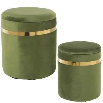 Set 2 Green Velvet Storage Pouffe Ottomans- Ø38x44cm+ø33x38cm, Poliéster