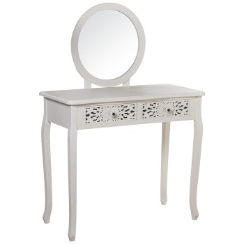 Meuble Coiffeuse En Bois Avec Miroir Et 2 Tiroirs Taillés- 90x40x78cm