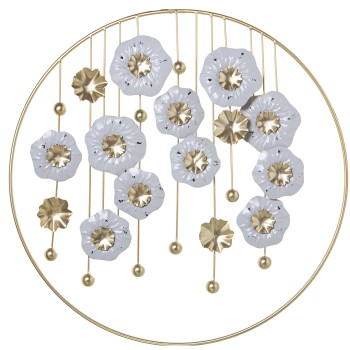 Adorno Pared Metal Flores Blancas C/aro Dorado 62x3,5x62cm, Hierro