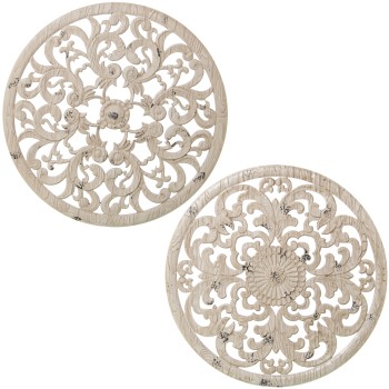 Décorations Murales En Bois Ajouré - Blanc Vieilli Ø60x1,5cm, Madera: Dm