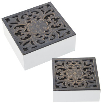 Set 2 Boîtes En Bois Ajouré 20x20x8,5+16x16x6,5cm