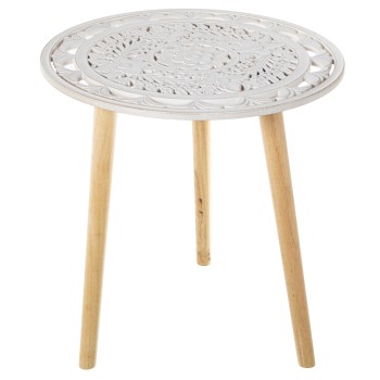 Mesa Auxiliar Madera Calada Blanca, Patas Natural Ø60x62cm