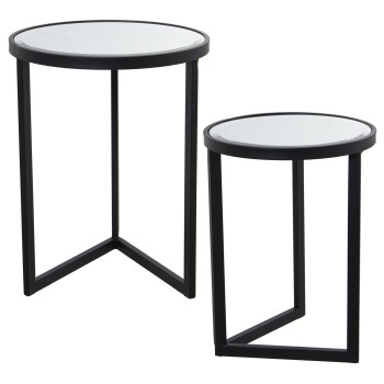 Set 2 Black Metal Tables With Tabletop Mirror- Ø42x54cm+ø36x48cm