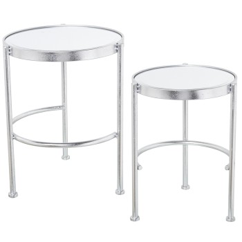 Set 2 Mesas Metal Plateado Y Espejo Ø42x52cm+ø37x49cm