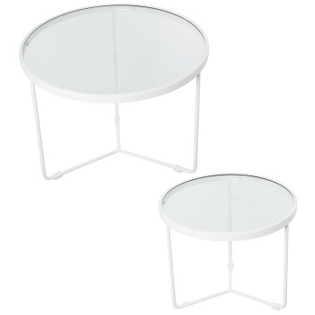 Set 2 Mesas Metal Blanco/cristal Ø60x45+ø45x38cm