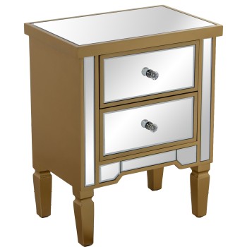Mesa De Noche Madera/espejo C/2 Cajones Dorada 49x33x62cm