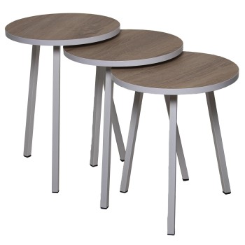 Set 3 Wooden Tables White Metal Legs- _ø38x51+ø38x48+ø38x45cm