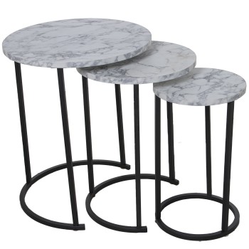 Set 3 Mesas Aux. Madera Patas Metal Negras, Efecto Marmol Bl Ø48x58+ø38x52,5+ø28x48cm
