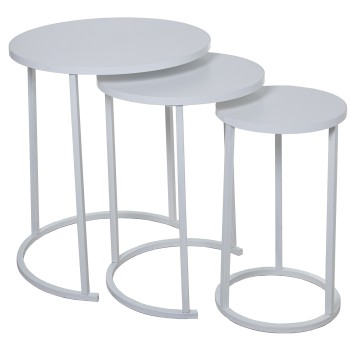 Set 3 Mesas Aux. Madera Patas Metal Blanco, Madera Blanca Ø48x58+ø38x52,5+ø28x48cm