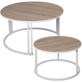 Set 2 Tables Basses Bois/métal Blanc Anc- _ø80x43+ø60x38cm