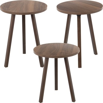 Set 3 Wooden Side Tables-walnut Colour- _ø38x50+ø38x48+ø38x45cm