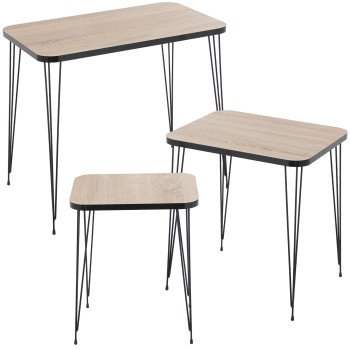 Set 3 Oak-coloured Wooden Side Tables W/black Marble Effect / Black Metal Legs- _60x37x53+45x37x49+37x29x45cm