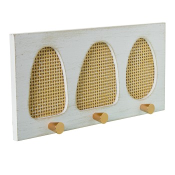 Perchero Pared Madera/ratán C/3 Ganchos Metal Dorado 36x4x17cm