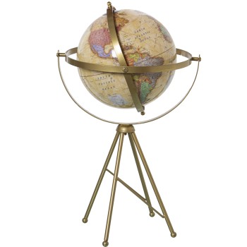 Globo Terráqueo Ø20cm C/base Tripode Metal Latón, Giro Loco Ø25x47cm