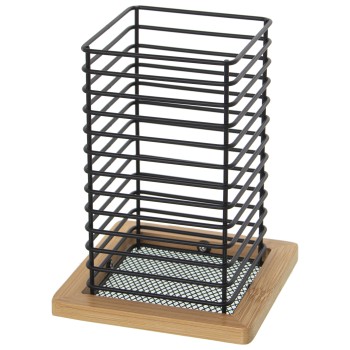 Porte-ustensiles En Métal Avec Cadre En Bois - Noir (ustensiles Non Inclus)- 12x12x16cm, Recipiente:9x9x16