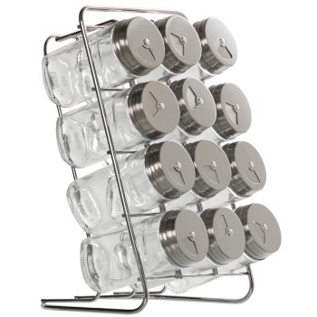 Set 12 Especieros Cristal C/tapa Acero Inox.c/soporte Metal 14x15x22cm-bote Ø4x9,5cm