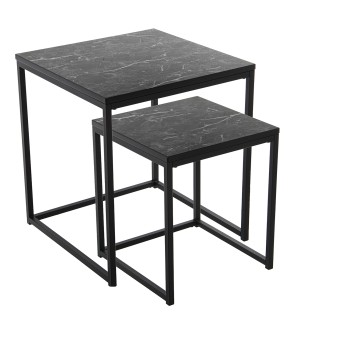 Set 2 Mesas Auxiliares Metal/madera Acabado Mármol Negro 45x45x50cm+35x35x40cm